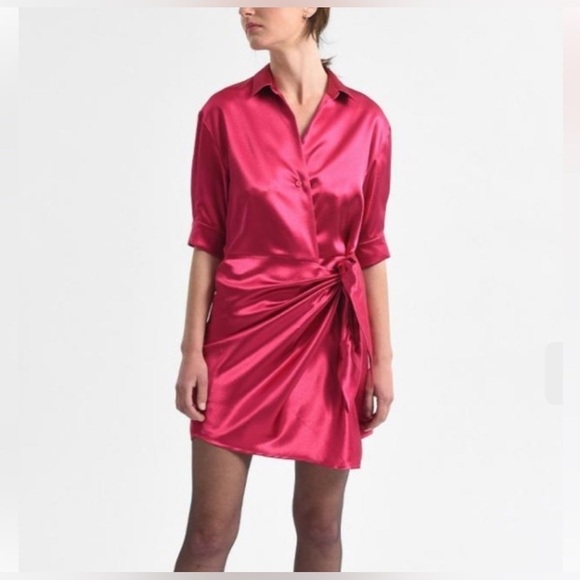 NWT Molly Bracken Silky Wrap Around Mini Tie Dress in Raspberry - Picture 5 of 9